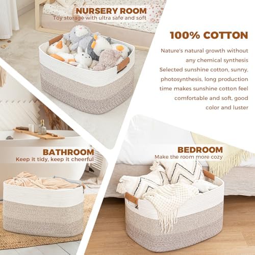 danpinera 108L Large Blanket Basket for Living Room, Woven Storage Basket with Leather Handles, Cotton Rope Storage Organization in Nursery for Toys & Clothes 25 ''* 16 ''*16 '', Gradient Brown - Image 3