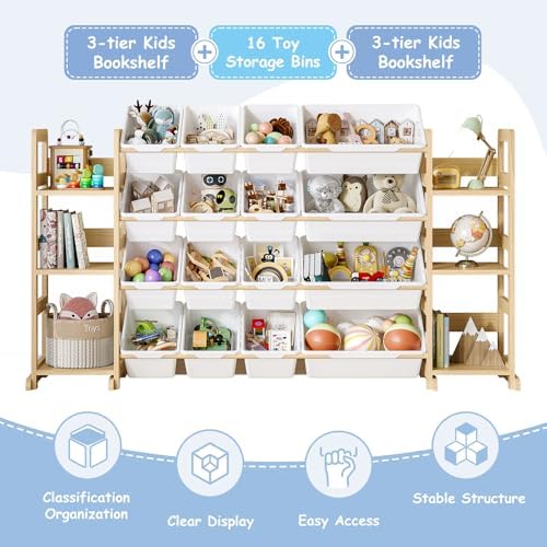 EXPERLAM Extra Large Toy Storage - Toy Storage Organizer, Wooden Toy Organizer with 6 Side Shelves and 16 Bins, 3-in-1 Bookshelf for Kids Rooms, Playroom, Nursery, White - Image 3