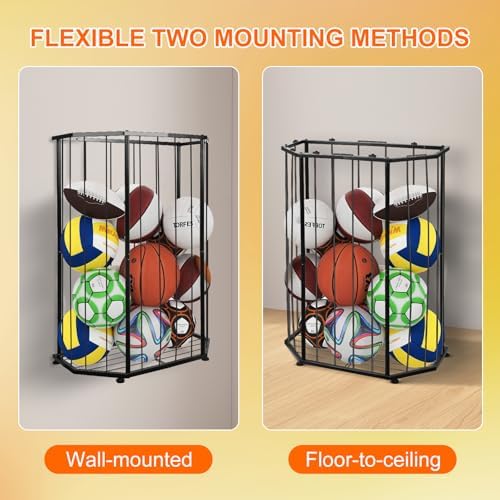Garage Ball Storage Holder,Elastic Cord Design Can Floor-Standing & Wall-Mounted Use,Used for Basketball,Footbal,Volleyball,Rugby,Home or Outdoors Sports Equipment Storage Ball Rack。(Black) - Image 5