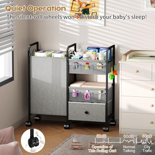 Cidaziya 2In1 Baby Diaper Caddy Organizer with Laundry Hamper, 3 Tier Rolling Cart with Dividers and Drawers, Upgrade Diaper Cart Utility Cart Clothes Organizer for Baby Essentials, New Mom, Nursery - Image 6