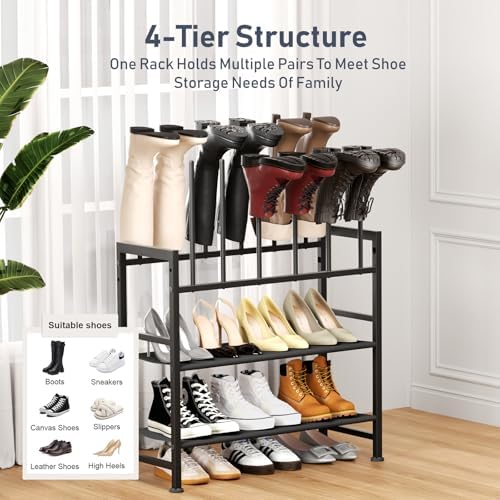 DIMJ Free Standing Shoe Racks - 4-Tier Boot Rack, Black Metal Boot Storage Organizer Tall Boots Organizer for Closet, Multiuse Shoe Rack for Boots, Sneakers,Fit for 6 Pairs Boots, Black - Image 3