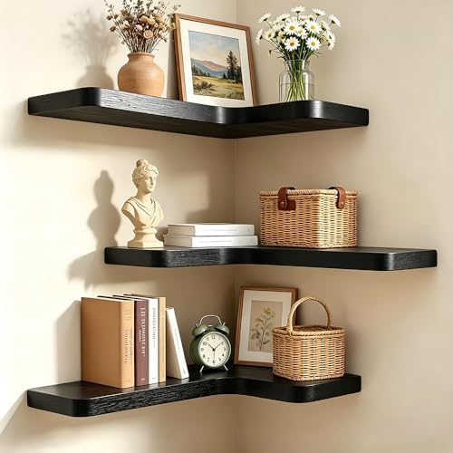 Floating Corner Shelves, Wall Shelf Set of 3, Shelves for Wall Storage, Solid Wood Shelves for Storage, Wall Mount Wooden Display Shelf for Bathroom Bedroom Kitchen Garage (Black 3 Pcs) - Image 5
