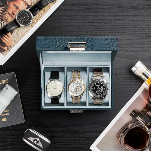 ProCase Watch Box, 3 Slot Mens Watch Display Case, CrocCobaltBlue - Image 2