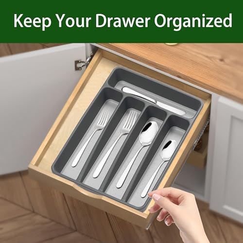 Loyareal Silverware Organizer 2 Pieces Utenisl Organizer Holder Kitchen Drawer Organizer Plastic Silverware Tray for Drawer Flatware Organizer 5 Compartment Black - Image 2