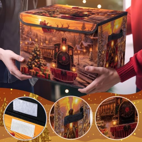 Briwooody Christmas Storage Bin with Lid and Carrying Handle Christmas Train Foldable Storage Box Large Xmas Snowy Night Decorative Collapsible Container Basket for Organizing Closet Home Bedroom - Image 4