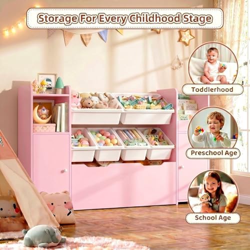 55'' Toy Storage Organizer & Kids Bookshelf with Large Wood Toy Chest, Pink - Image 6
