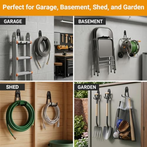 Garage Hooks, 4 Pack 7.7inch Large Square Wall Hooks for Hanging Heavy Duty Ladders, Bikes, Tools Ideal for Garage, Garden, Basement Utility Room Storage (Black) - Image 5
