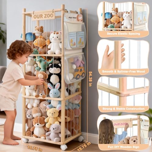 Large Stuffed Animal Storage, Wood Stuffed Animal Zoo with Brake Wheels and Hanging Storage Net, Space Save Toy Organizer, Large Capacity Stuffed Animal Holder, Perfect for Nursery Playroom Kidroom - Image 4