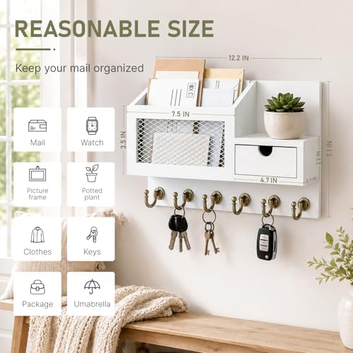 FifthQuarter Key Hanger Wall Mount with Drawer and 6 Sturdy Hooks, B-White - Image 2