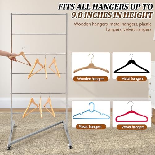 DoubleFill 6 Tier Z-truck Hanger Organizer Stacker Clothes Hanger Holder Hold up 350 Wire Hangers, Stainless Steel Rack Stand Mobile Rack for Laundry Rooms Malls Boutiques 30" W x 22" D x 65 ½"h - Image 4