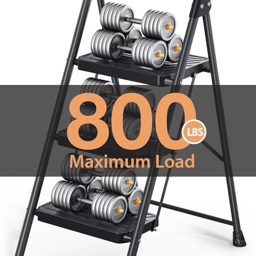 TOOLF 3 Step Ladder, Folding Portable Ladder with Anti-Slip Pedals, Black - Image 4