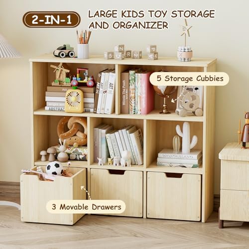 EXPERLAM Solid Pine Wood Toy Storage Organizer, Kids Bookshelf and Toy Organizer with 3 Rolling Drawers, 5 Storage Cubes, Montessori Playroom Storage Cabinet, Burlywood - Image 4