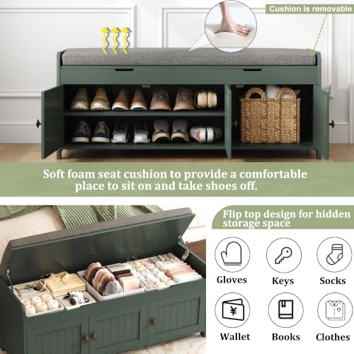 HOMEFORT 41.3" Shoe Bench with Lift Top Storage, Entryway Bench with Cushioned Seat, Wooden End of Bed Bench, Shoe Cabinet Bench with Hidden Storage Space, for Bedroom, Hallway,Green - Image 5
