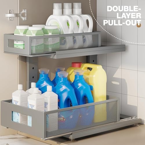 2 Pack 15.74IN-Depth Under Sink Organizer With Next-Gen Ball-Bearing Slides,2-Tier Pull Out Cabinet Storage,Height Adjustable Drawer Shelf for Bathroom,Kitchen,Laundry,Cabinet,Pantry-Gun Gray - Image 4