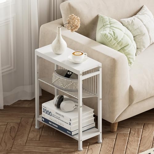 End Table for Small Space, 3-Tier Narrow Side Table with Magazine Holder,Small Nightstand, Skinny Snack Couch Table in Living Room, Bedroom Study and Balcony (White) - Image 2