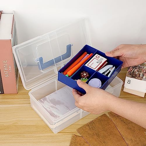 JUXYES Plastic Carry Storage Box with Removable Dividers, Clear Art Craft Supply Storage Bin Sewing Box with Handle Lid, 2 Layers Stationery Storage Case for School/Office Supplies (Pack of 2) - Image 4