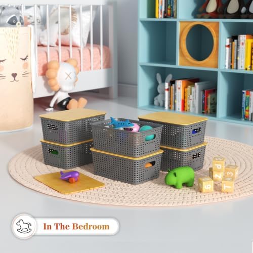 Ohmlove 6 Pack Plastic Storage Baskets with Bamboo Lids for Organization - Image 5