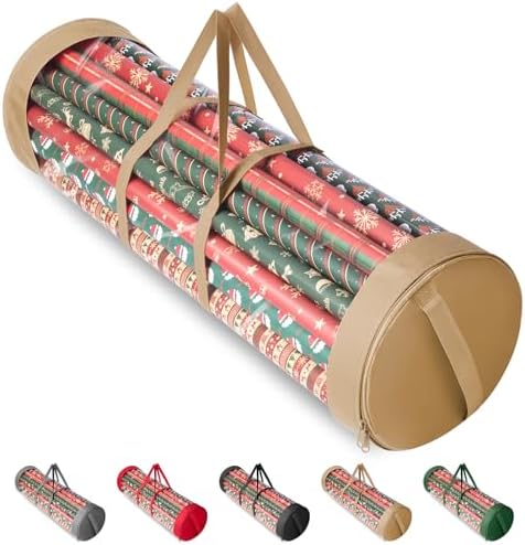 BALEINE Christmas Wrapping Paper Organizer Storage, 41" Gift Wrapping Paper Storage Containers, Clear PVC with Durable 600D Oxford Fabric Gift Wrap Paper Holder Fits 18-25 Rolls, Golden by BALEINE