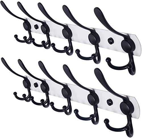 Dseap Wall Mounted Coat Rack - 5 Tri Hooks, Heavy Duty, Stainless Steel, Metal Coat Hook Rail for Coat Hat Towel Purse Robes Mudroom Bathroom Entryway (White & Black, 2 Packs) by Dseap