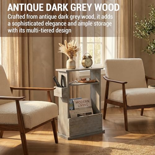 MyGift Narrow Side Table Gray Wood Slim End Table with Storage Shelf - Image 4