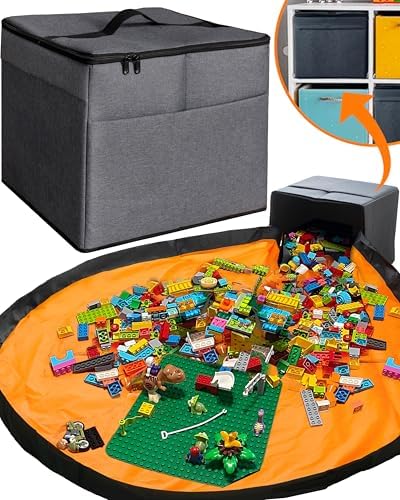 XL Toy Storage Organizer with Play Mat - Storage Bag/Box for Kids, Boys, Girls, Nursery, Playroom - Basket for Building Bricks/Blocks - Collapsible Fabric Cube Bin, 13"x13"x15" by Starsiko
