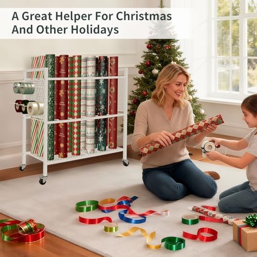 Wrapping Paper Organizer Storage with Wheel Cart, 18 Slap Bands & 6 hooks - Image 6