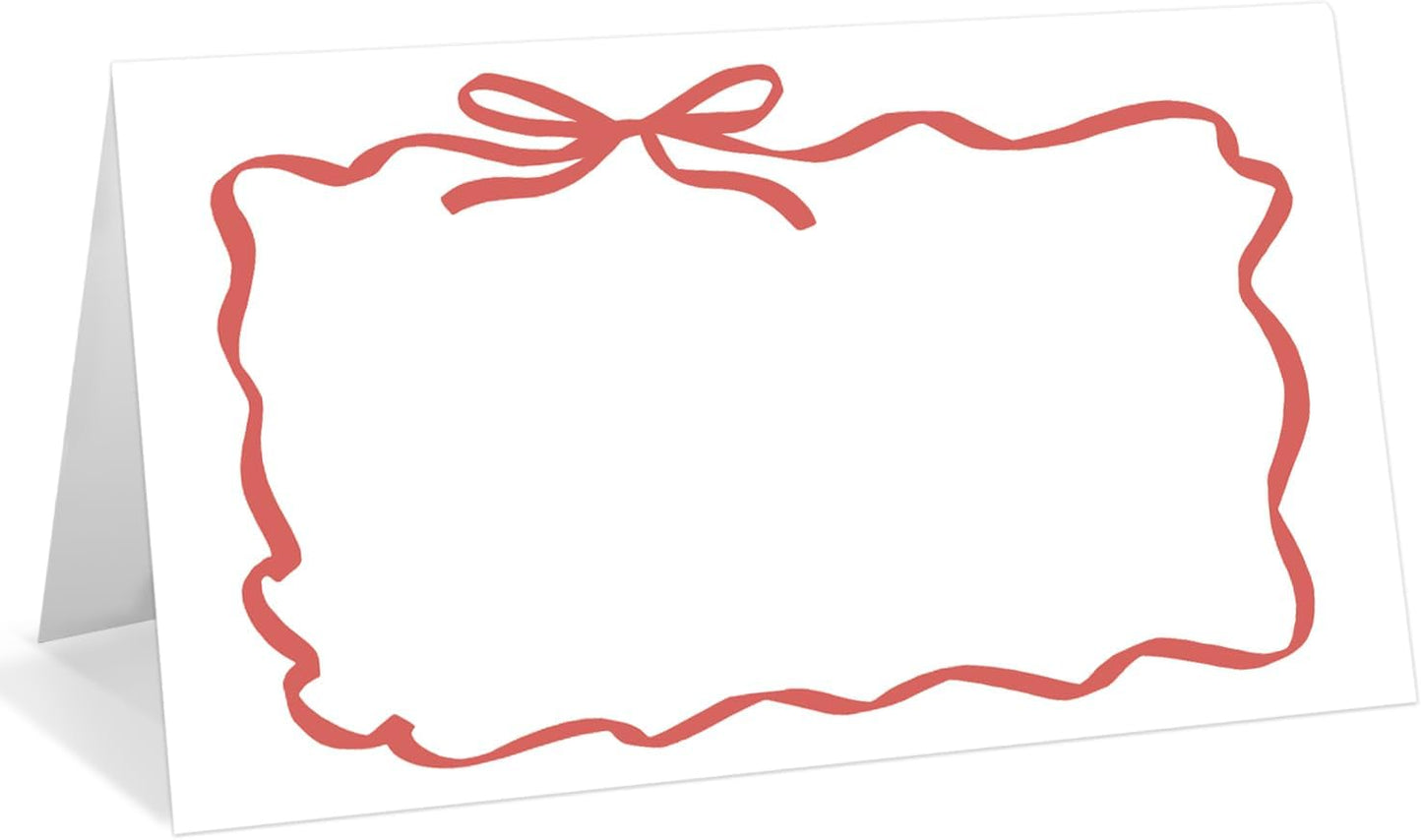 25 Pack Red Bow Wave Place Cards, Editable Name Cards for Table Setting, Tent Cards Food Label for Dinner Party, Bridal Shower, Wedding, Baby Shower and Events -T13