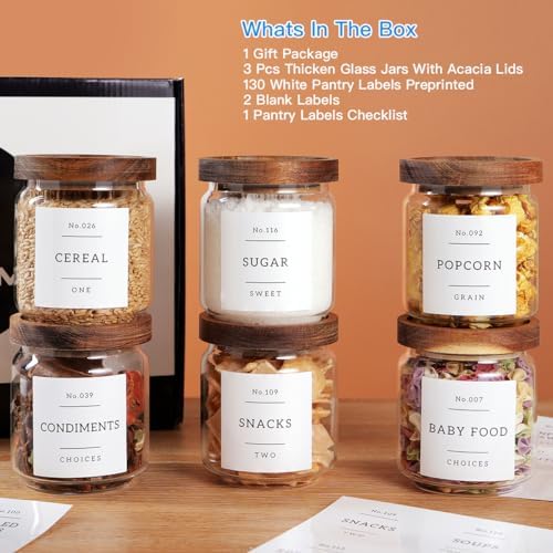 6 Set Glass Pantry Storage Jars with Acacia Airtight Lid - 15oz Thicken Glass Kitchen Canisters with 132 Pantry Labels - Clear Glass Food Storage Containers with Wood Lid for Tea,Sugar,Spice,herbs - Image 2