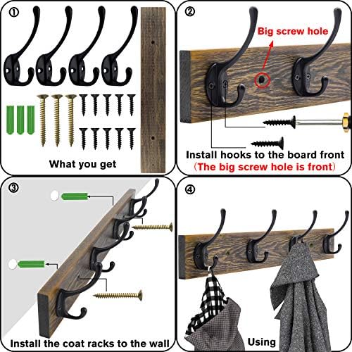 IBosins Wall Mounted Coat Rack, 2 Pack Vintage Wood with 8 Black Hooks - Image 2