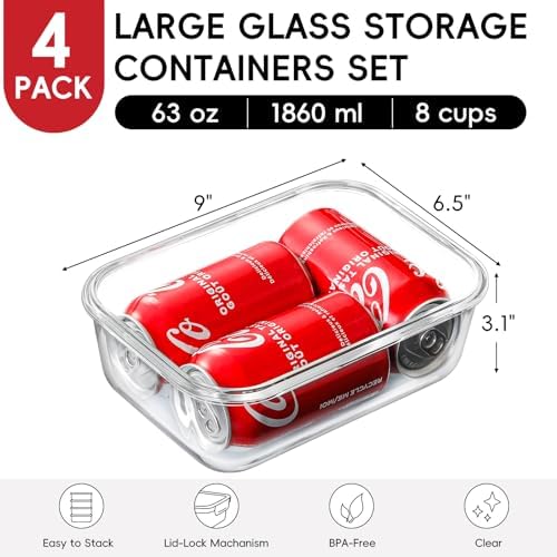 4 Pack 8 Cups/ 63oz Large Glass Storage Containers with Lids, Meal Prep Containers, Glass Food Storage with Airtight Lid for Baking, Leak Proof & Microwave, Oven Safe (4 Containers + 4 Lids) - Image 3