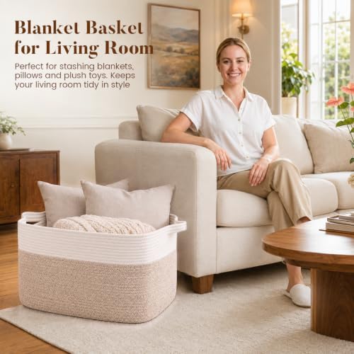65L Large Woven Blanket Basket for Living Room, 19.7"x15.7"x11.8" - Image 2