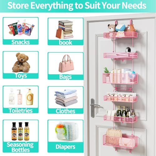 HapiRm Over Door Organizer Storage - Separable Door Organizer Hanging with 6 Metal Large Capacity Baskets for Bathroom Bedroom Kitchen Pantry Closet (Pink) - Image 7