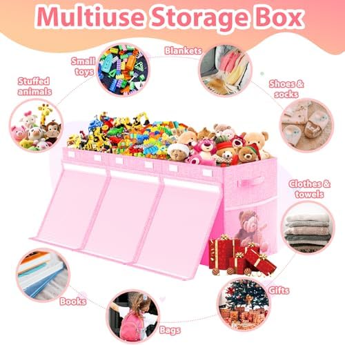 Large Toy Storage Box with Lid & Dividers, Collapsible Kids Toy Chest, Pink - Image 4