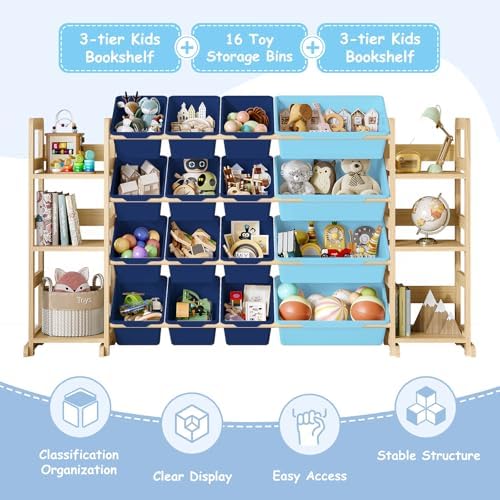 EXPERLAM Extra Large Toy Storage - Toy Storage Organizer, Wooden Toy Organizer with 6 Side Shelves and 16 Bins, 3-in-1 Bookshelf for Kids Rooms, Playroom, Nursery, Blue - Image 5