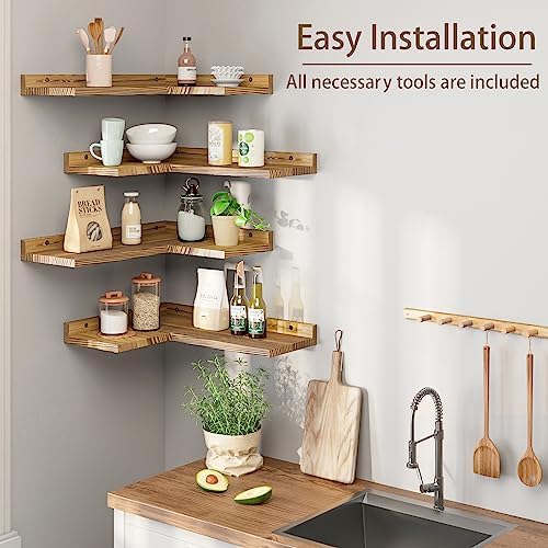 4 Tier Floating Corner Shelves Set of 4, Rustic Pine Wood Floating Corner Wall Shelf for Wall Décor Storage, L Shaped Corner Shelf Wall Mount for Bedroom,Living Room,Bathroom,Kitchen,Carbonized Black. - Image 4