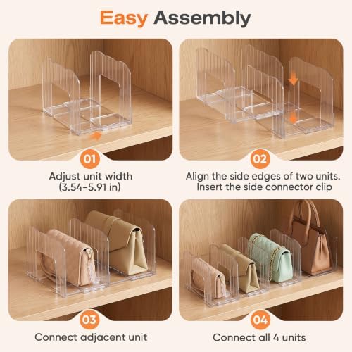 Glxgow 4 Pack Adjustable Acrylic Purse Organizer for Closet Shelf, Clear Handbag Storage Dividers, Detachable & Connectable Bag Organizer for Wallets, Clutches, Purses and Handbags - Image 6
