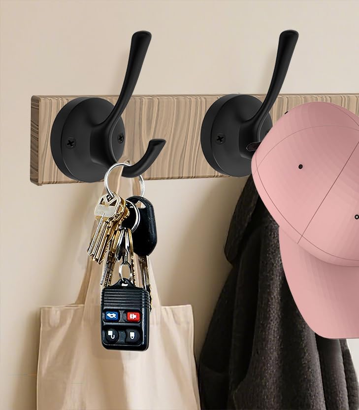 TOFIIGREM Matte Black Wall Hooks, 4 Pack Heavy Duty Coat Towel Hook Metal Double Backpack Hook Wall Mounted, Bath Towel Hooks for Entryway Cubicle Bathroom Closet Garage - Image 3