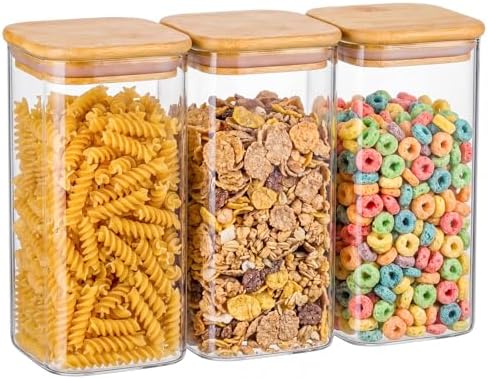 3-Pack 1.6Qt Square Glass Storage Jars with Bamboo Lids by Unknown