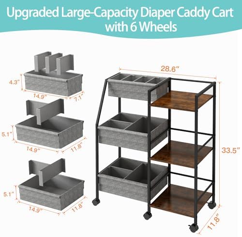 Rolling Nursery Diaper Caddy Organizer Cart, 3-Tier with Dividers - Image 3