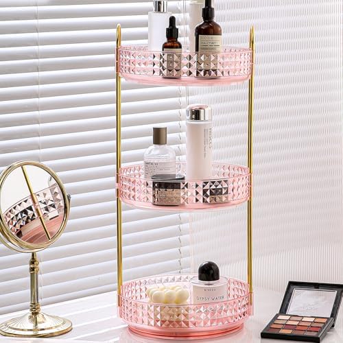 Fangoo 3 Tiers Pink Rotating Makeup Organizer for Vanity 360 Spinning Skincare Organizers for Dresser Perfume Organizer Large Skincare Make up Storage Cosmetic Organizer for Bathroom Countertop by Fangoo