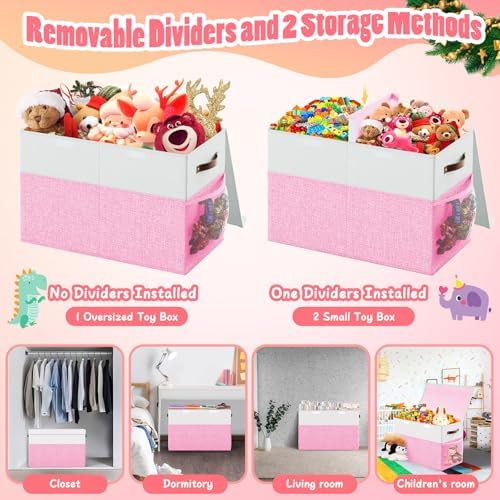 Large Toy Storage Box with Lid & Dividers, Kids Toy Chest, Pink and White - Image 6