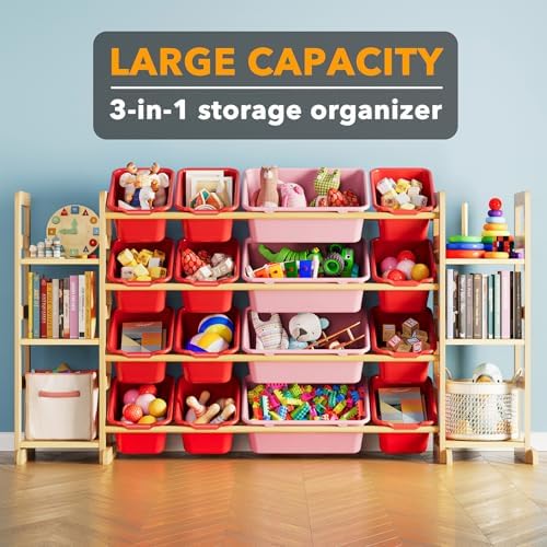 SpaceAid Toy Storage Organizer with 6 Shelves and 16 Bins, Toy Organizers Storage Bookshelf, Kids Bin Shelf Toys Box Bookcase for Bedroom Playroom Organization Room Decor, Red and Pink - Image 3