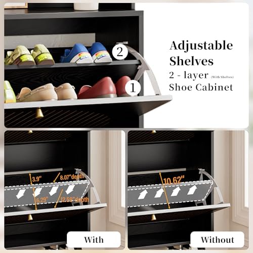 Fsbecl Shoe Storage Cabinet with 2 Fluted Flip Drawers & Coat Rack, Black - Image 5