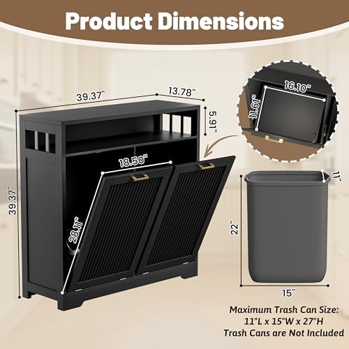 13 Gallon Double Tilt Out Trash Can Cabinet with Open Shelf & Storage - Pet Proof Hidden Recycling Cabinet & Wooden Laundry Hamper for Kitchen, Bathroom, Living Room, Black - Image 3