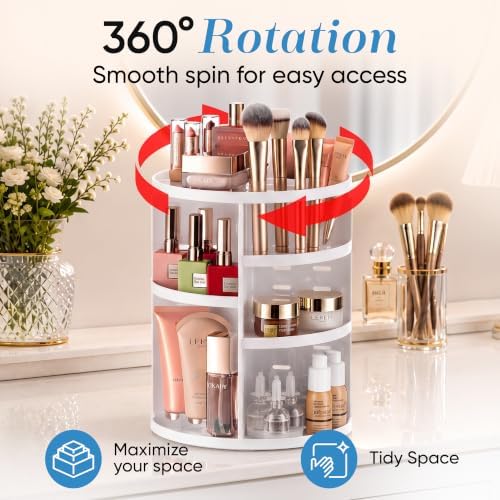 Masirs 360 Rotating Makeup Organizer Countertop, Adjustable Shelf, White - Image 2
