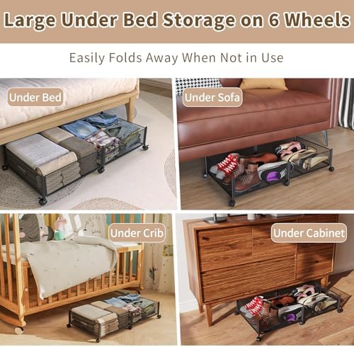 Under Bed Storage on Wheels, Upgraded 31.5 inch Large Rolling Under Bed Storage, Metal Foldable Underbed Drawers Organizer Tool-free Assembly Underbed Shoes Clothes Organize - Image 3