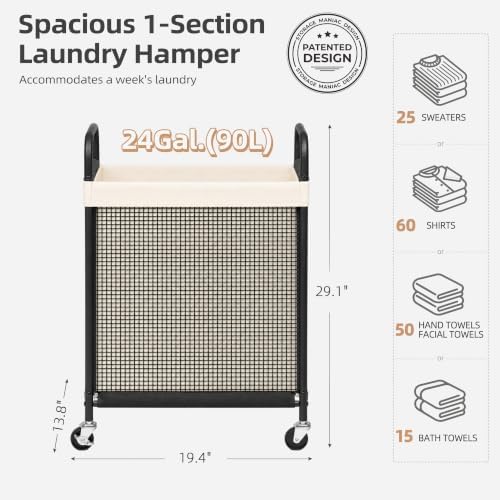 STORAGE MANIAC Rolling Laundry Hamper with Wheels 1-Section Laundry Sorter Rolling Laundrys Basket on Wheels with Removable Bag Clothes Hamper Laundrys Organizer Cart Bathroom Bedroom 90L Beige - Image 3