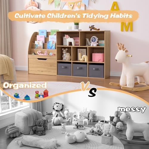 Fatmok Kids Bookshelf and Toy Storage, Toy Storage Organizers with Movable Drawers & 3 Storage Bins, Kids Reading Nook Toy Organizers Shelf with 5 Cubbies, Natral Wood - Image 3