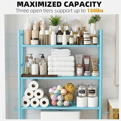 GloTika 3-Tier Over Toilet Storage Cabinet, No Drilling, 64" H, Blue - Image 5