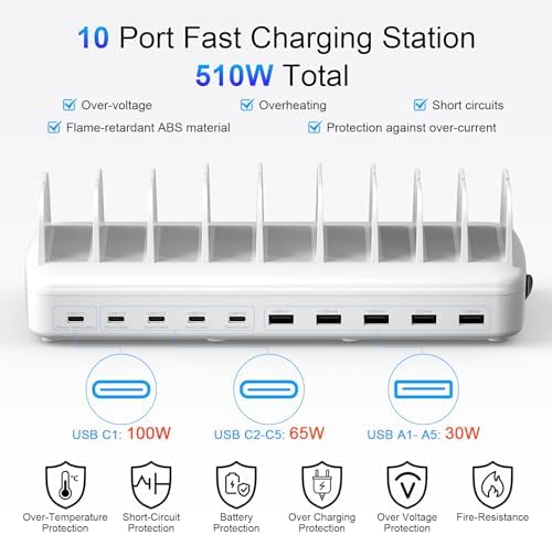 510W Charging Station for Multiple Devices, 10 Ports Fast Charger Organizer - Image 5